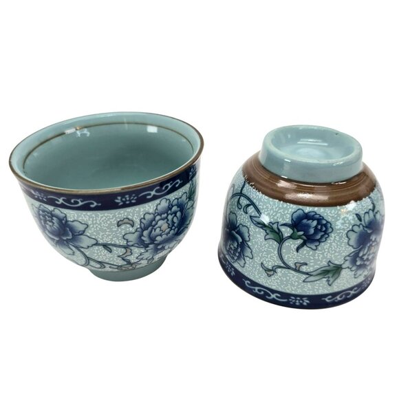 Vintage Blue Floral Porcelain Tea Cups Set of 2 Brown Accent je192 - Picture 1 of 5